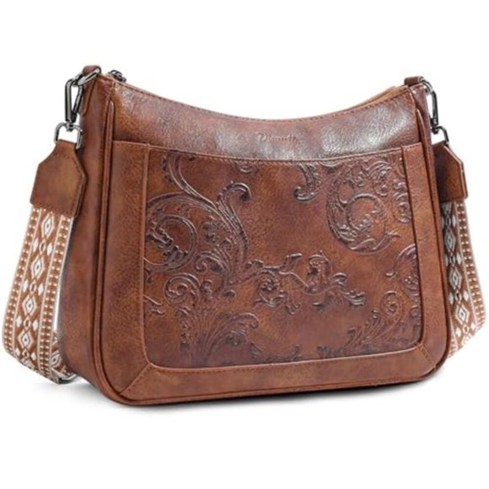 Women Crossbody Bag Vegan Leather Embossed Flower Shoulder Purse Multi Pocket